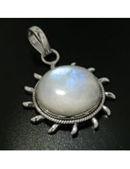Genuine Rainbow Moonstone Sun Shape Sterling Silver Gemstone Pendant