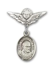 Sterling Silver Baby Badge with St. Vincent de Paul Charm and Angel with Wings Badge Pin