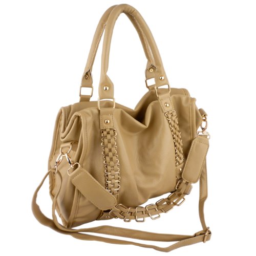 EIDER Beige Large Leatherette Gold Chain Decor Sturdy Office Tote Bag Satchel Handbag Purse