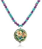  : Sterling Silver Amethyst & Turquoise Beaded Necklace w/ Golden Enamel Pendant, 17-19"