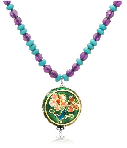Sterling Silver Amethyst & Turquoise Beaded Necklace w/ Golden Enamel Pendant, 17-19