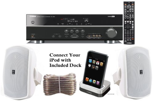 Yamaha 3D-Ready 5.1-Channel 500 Watts Digital Home Theater Audio/Video Receiver + Yamaha Universal iPod Dock + Set of 2 Yamaha All Weather Indoor / Outdoor 130 watt Wall Mountable Natural Sound 2-way Acoustic Suspension Speakers - White + 100ft 16 AWG Spe Yamaha 3D-Ready 5.1-Channel 500 Watts Digital Home Theater Audio/Video Receiver + Yamaha Universal iPod Dock + Set of 2 Yamaha All Weather Indoor / Outdoor 130 watt Wall Mountable Natural Sound 2-way Acoustic Suspension Speakers - White + 100ft 16 AWG Spe