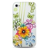Premium Hard Design Crystal Case Cover for Apple iPhone4, 4th Generation, 4th Gen - White Flower Floral Butterfly