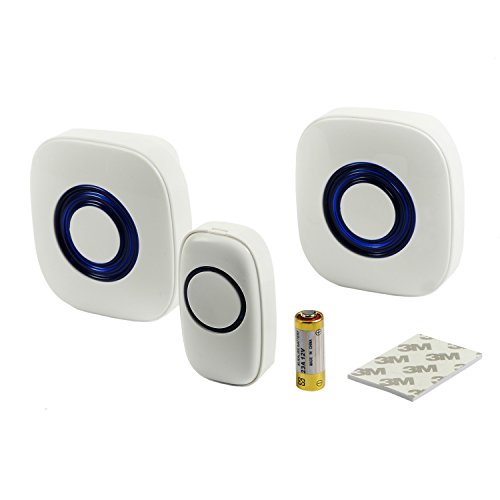 ETvalley Wireless Doorbell Kit, Plug-in & Battery Operated Receiver, Two Doors Bell Receivers and a Bell, White with Blue LEDs