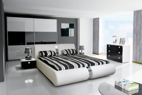 Gepolstertes Komfort-Schlafzimmer Doppelbett Riva Kleines Set HOCHGLANZ, Wandschrank:Wandschrank 200 x 210 x 65 cm;Bett:Bett (140 x 200);optionale Bettkastenfunktion:Nein