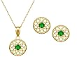 10k Yellow Gold, May Birthstone, Lab Created Emerald Floral Disc Earring and Pendant Set
