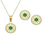 10k Yellow Gold, May Birthstone, Lab Created Emerald Floral Disc Earring and Pendant Set