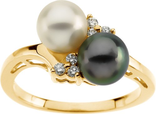 14 Karat Yellow Gold Akoya Black & White Pearl and Diamonds Ring