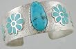 Southwestern Native American Tufa Cast Turquoise Flower Cuff Bracelet by Navajo Artist Michael Perry in Sterling Silver, #11580