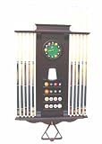 10 Pool Cue Stick Billiard Ball Wall Rack W/ Clock Mahogany Finish
