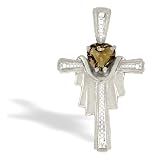 14K White Gold Genuine Heart Smoky Quartz and Diamond Cross Pendant