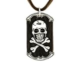 Skull & Crossbones Brown Leather Power Dog Tag in Sterling Silver