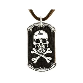 Skull & Crossbones Brown Leather Power Dog Tag in Sterling Silver