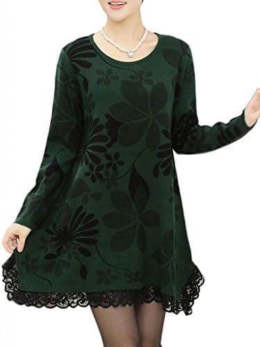 ShanMou Women's Cashmere Loose Sweater Lace Edge Dress Plus Size(Green, Medium)