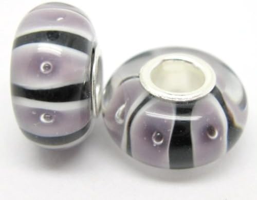Bleek2Sheek Murano Glass Black and Lavender Striped Charm Beads (set of 2) Fits Pandora