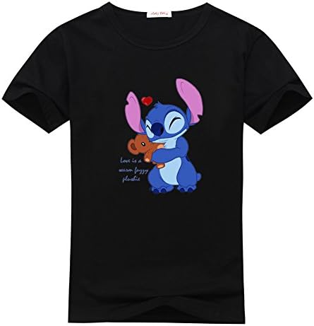 AbayCrosson Youth Lilo and Stitch Cartoon Short Sleeve Tee Black T-shirts Size L(12Y-14Y)