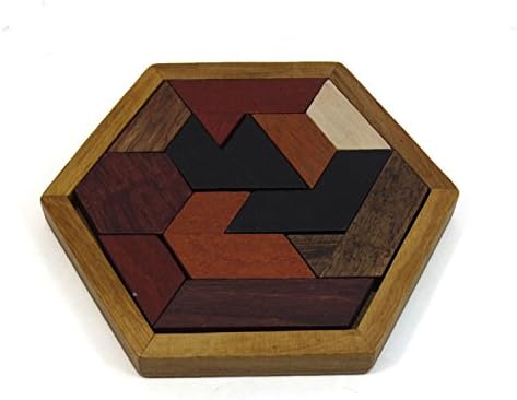 Richly Colored Wooden Hexagonal Tangram Style Puzzle.