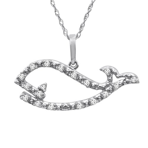 10k White or Yellow Gold Diamond Whale Pendant (1/10 cttw, I-J Color, I3 Clarity), 18