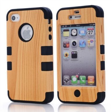 SHHR Hard Wood+Silicone Design Hybrid case for Apple iPhone4 4s 4G-Black Color