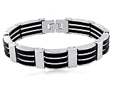 Men's Stainless Steel 3-Row Black Rubber Bracelet, 8