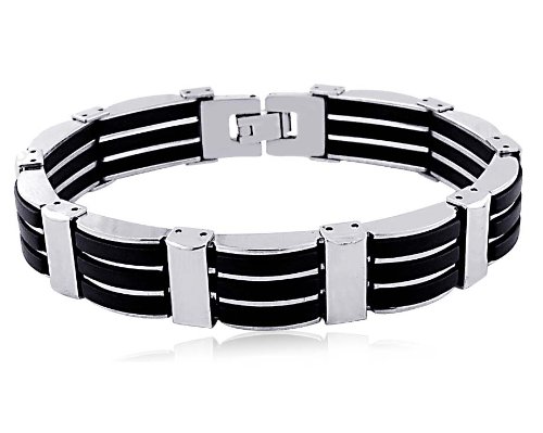 Men's Stainless Steel 3-Row Black Rubber Bracelet, 8
