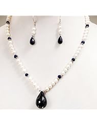 Single Strands Elegant Natural Fresh Water Pearl & Sapphire Drop Beaded Necklace with Free Earrings