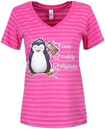 Psycho Penguin Cute and Cuddly Women's Pink Stripe V-Neck T-shirt