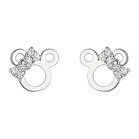 .925 Sterling Silver Rhodium Plated Micky Mouse Ribbon CZ Stud Earrings with Screw-back for Children &amp; Women: The World Jewelry Center: Jewelry