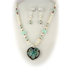 Murano Glass Aqua Flower Heart Pendant Freshwater Pearls Sterling Silver Necklace Earrings 1311