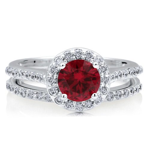 Sterling Silver 925 Round Ruby Cubic Zirconia CZ Halo 2Pcs Ring Set - Nickel Free Engagement Wedding Ring Set