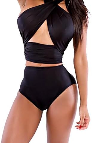 Sexy Women's Swimsuit Push Up High Waist Criss Cross Bikini Set Black XL