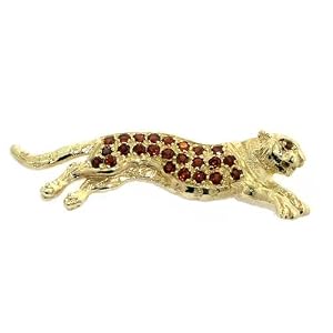 9K Yellow Gold Heavy Solid Garnet Panther Brooch Pin - 9.17 Grams by
