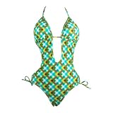 Plunge Monokini Swimsuit Green Plaid