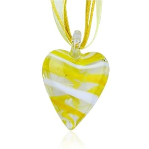 Murano Glass White Yellow Spiral Line Heart Pendant