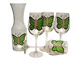 ArtisanStreet's Butterfly Wine Glass & Carafe Set. Hand Painted 5-piece Set of Four Goblets and Carafe. Features Colorful Pink & Green Butterflies. Made to Order. Signed by Artisan