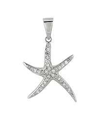 Silver Rhodium Finish Shiny Starfish Sea Life Pendant With White Cubic Zirconia