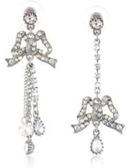 Betsey Johnson "Stone & Pearl" Crystal Bow Mismatch Drop Earrings