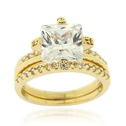 18K Gold over Sterling Silver Square CZ Wedding Engagement Stackable Ring Set