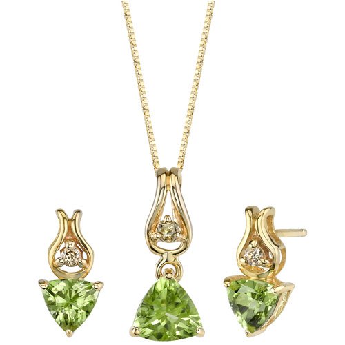 Classical Inspiration 1.75cts Trillion Cut Peridot Diamond Pendant Earrings Set 14Kt Yellow Gold