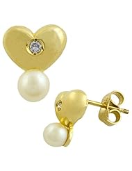 Freshwater Pearl, 0.05 Ct Diamond 14 Kt Yellow Gold Heart Earrings