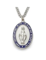 Sterling Silver Oval Miraculous Medal in a Polished Finish and Blue Border Design Catholic Jewelry Miraculous Patron Saint St. Medal Catholic Gift Boxed.w/Chain 24" Length Gift Boxed.