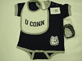 Connecticut Huskies NCAA Infants / Babys / Kids Blue and Grey Creeper, White Bib, and Bootie Set