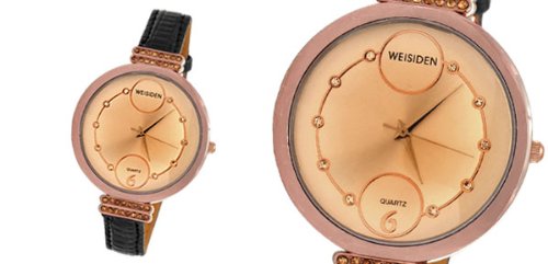 Black Leather Strap Ladies Dress Wrist Watch Round Face