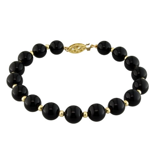 8mm Round Black Onyx and 14K Yellow Gold Bead Bracelet