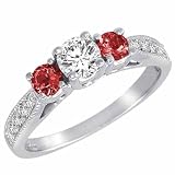 10K Gold Round 3 Stone Diamond and Garnet Ring With Milgrain Pave Set Shank (0.95 ctw)