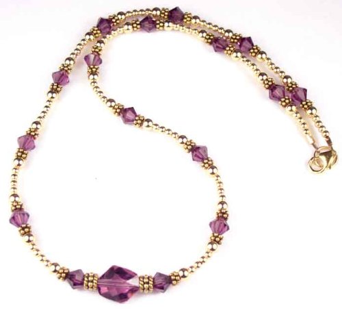 Amethyst February Birthstone 14K Gold Filled Swarovski Crystal Beaded Necklaces by Gemstone Gifts Handmade Jewelry