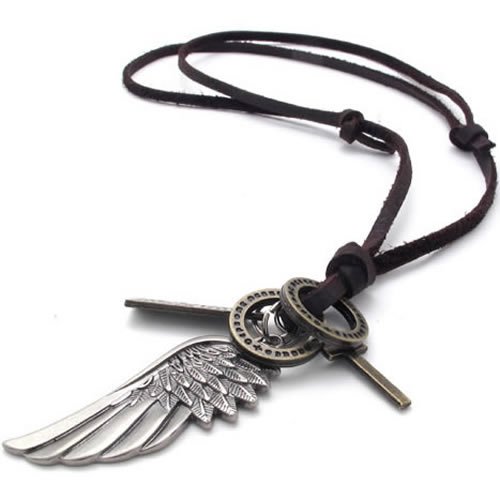 KONOV Jewelry Vintage Style Angel Wing Cross Pendant Genuine Leather Necklace Chain