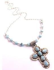925 Sterling Silver Larimar Necklace w/ 925 Sterling Silver Larimar Cross Pendant, 18 Inches