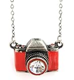 Girly Antique Silver and Red Retro Camera Pendant Necklace with Ice Crystal 