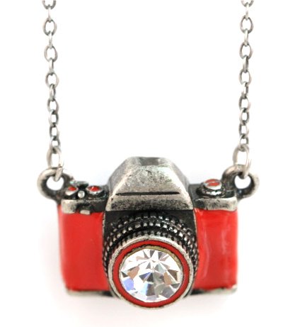 Girly Antique Silver and Red Retro Camera Pendant Necklace with Ice Crystal 